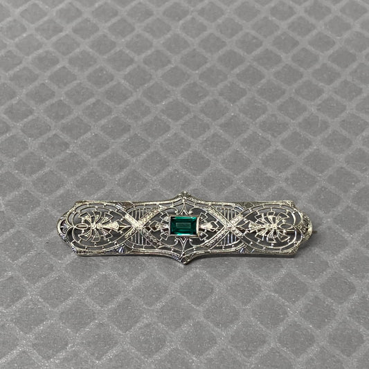 Preowned White Gold and Green Glass Filigree Brooch
