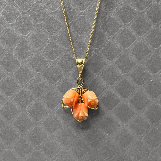 Preowned Yellow Gold and Coral Carved Rose Bouquet Pendant