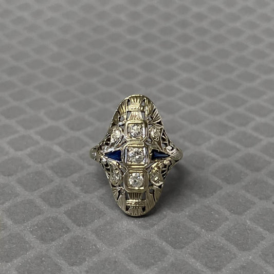 Preowned White Gold Synthetic Sapphire and Diamond Filigree Ring