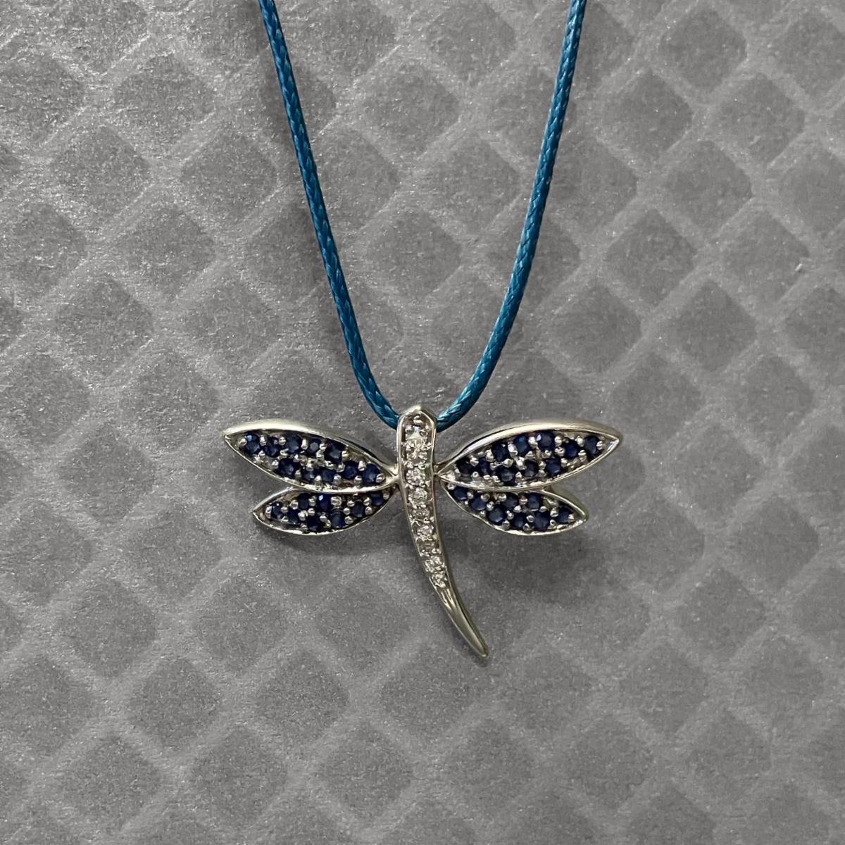 Preowned White Gold Blue Sapphire and Diamond Dragonfly Pendant