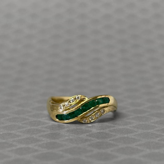 Preowned Yellow Gold Emerald and Diamond Offset Design Ring