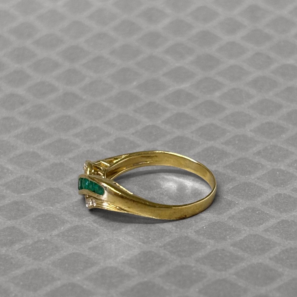 Preowned Yellow Gold Emerald and Diamond Offset Design Ring