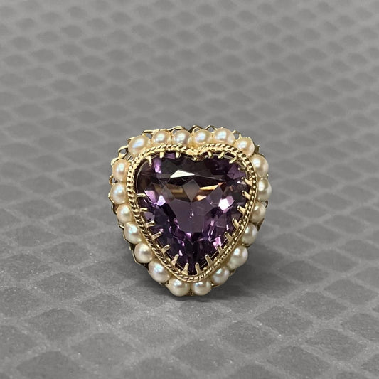Preowned Yellow Gold Heart Shaped Amethyst and Pearl Ring