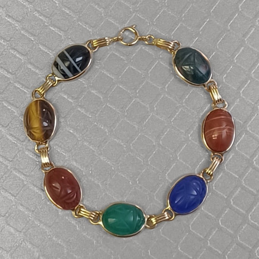 Preowned Yellow Gold and Carved Gemstone Scarab Beetle Bracelet